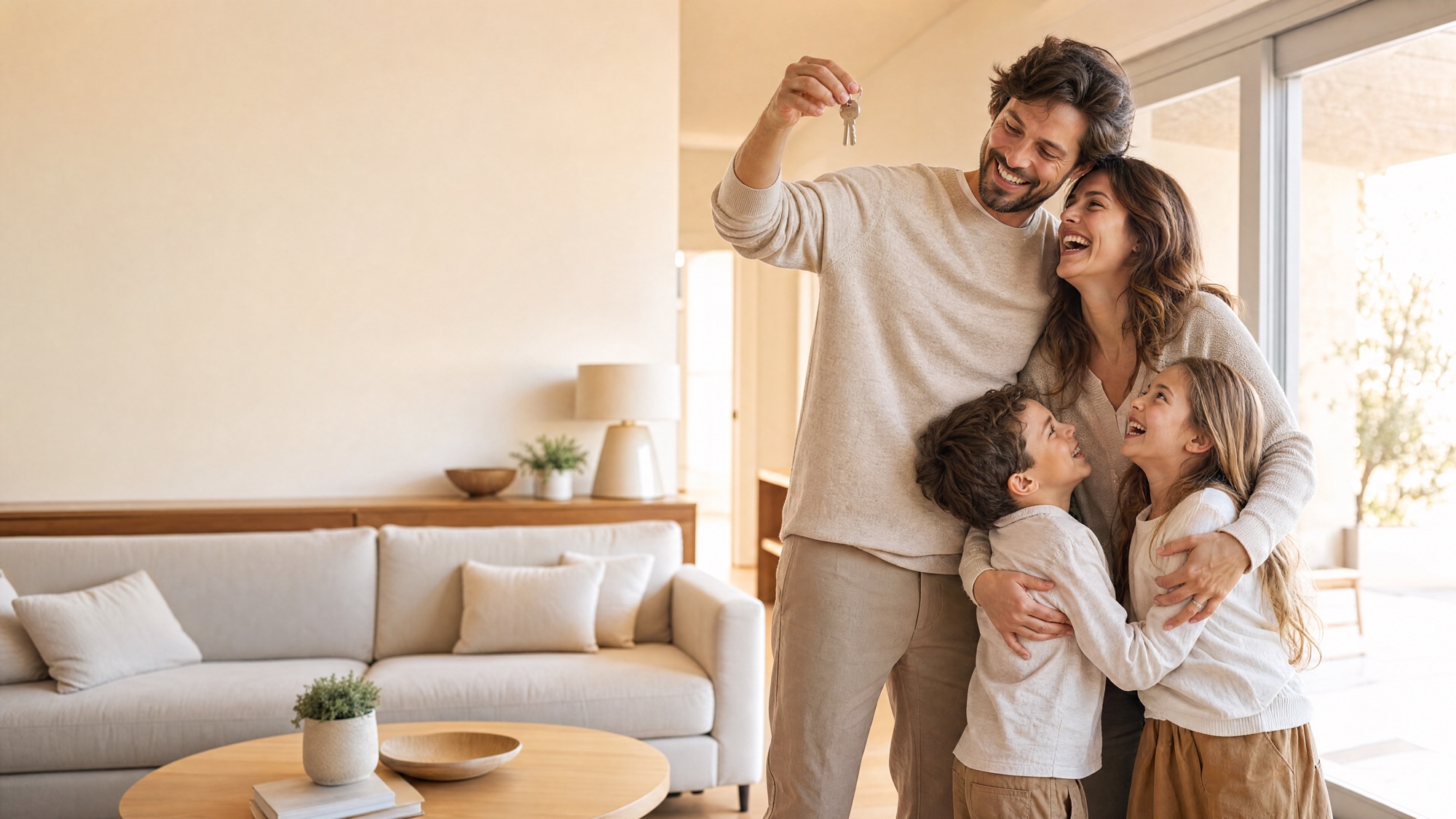 Une famille heureuse, clés en main, éclate de joie dans le salon lumineux de sa nouvelle maison