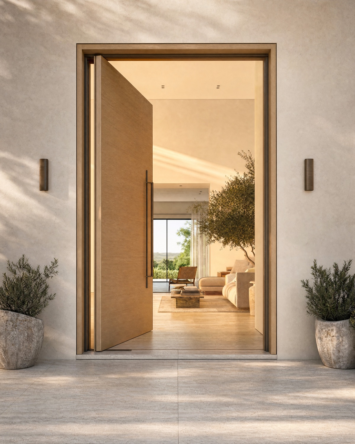 Grande porte pivot contemporaine ouverte sur un intérieur lumineux et chaleureux
