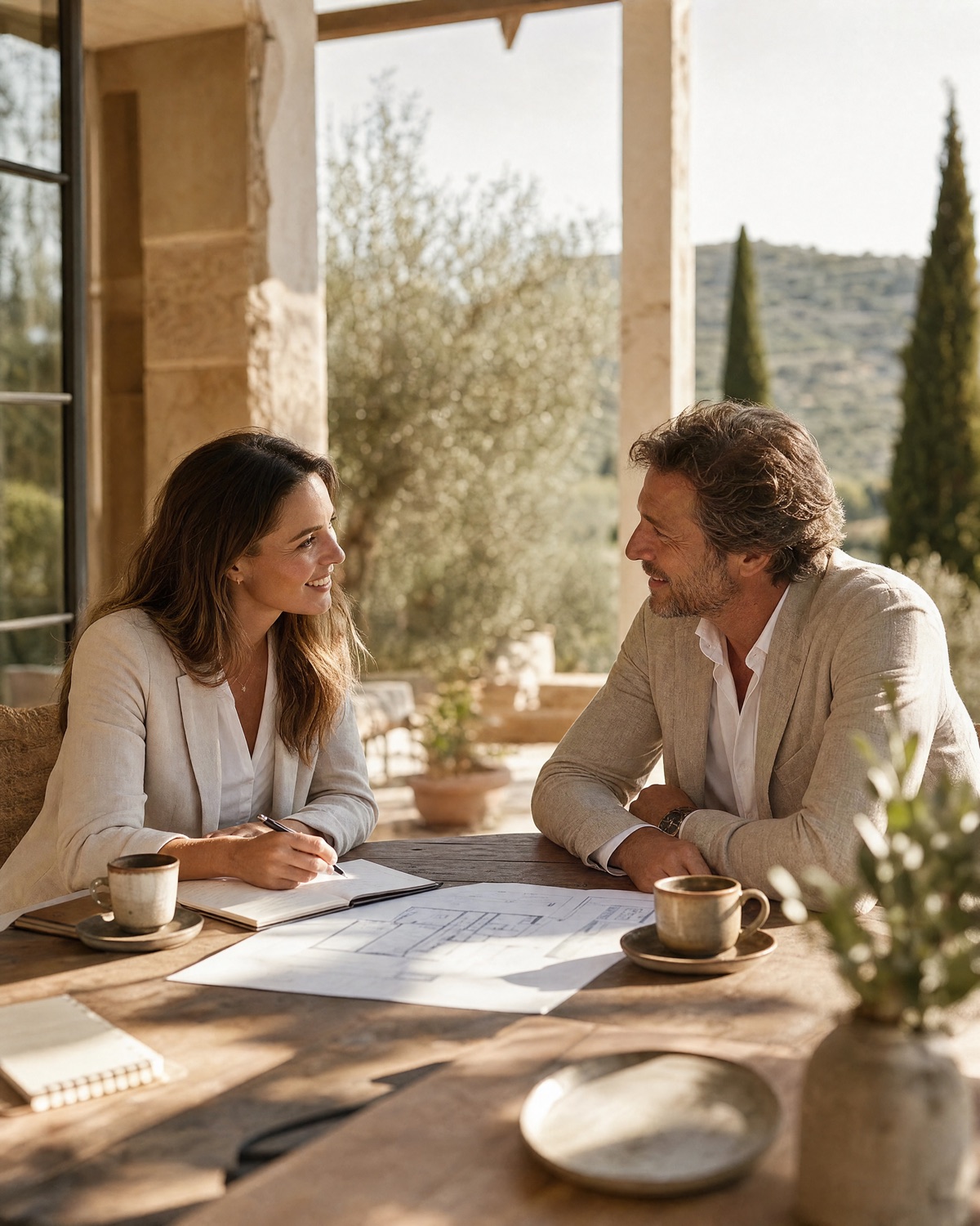Une conseillère LGM en rendez-vous avec un client autour d'un café, sur une terrasse méditerranéenne
